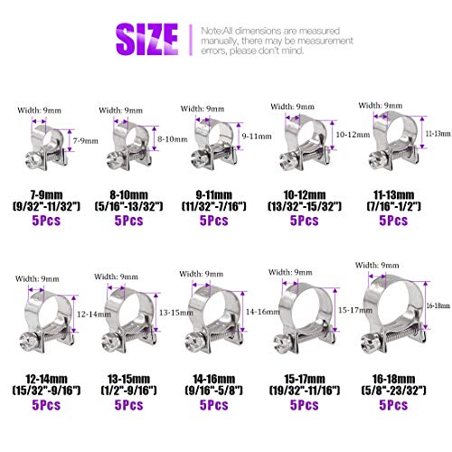 Swpeet 50Pcs 10 Sizes 304 Stainless Steel Mini Fuel Injection Line Style Hose Clamp Assortment Kit Perfect for Automotive, Agriculture, Plant & Construction