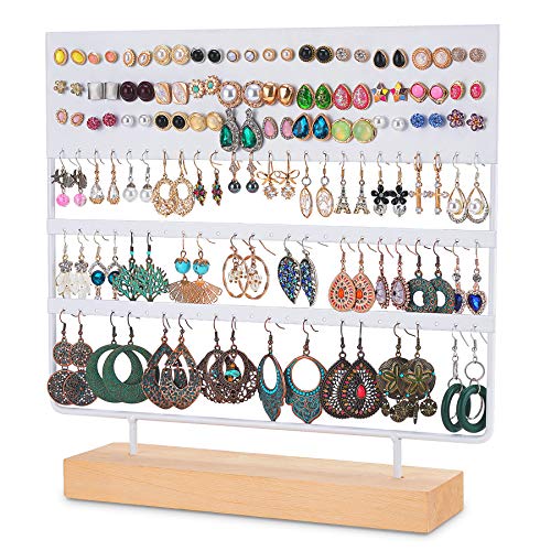 (White) - QILICHZ Earring Stand Holder Earring Organiser 144 Holes Ear Stud Holder Earrring Rack Decorative Jewellery Holder Rack Stand Display Rack with Wooden Tray/Dish for Earrings Display Home Use