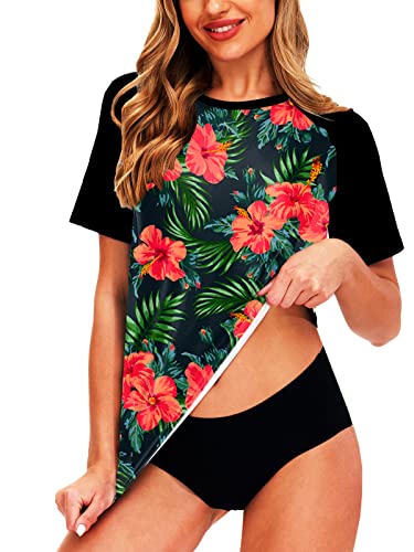 AOBUTE Women Rash Guard UPF 50+ Sun Protection Tropical Floral Printed Swim Shirts, Floral, Large