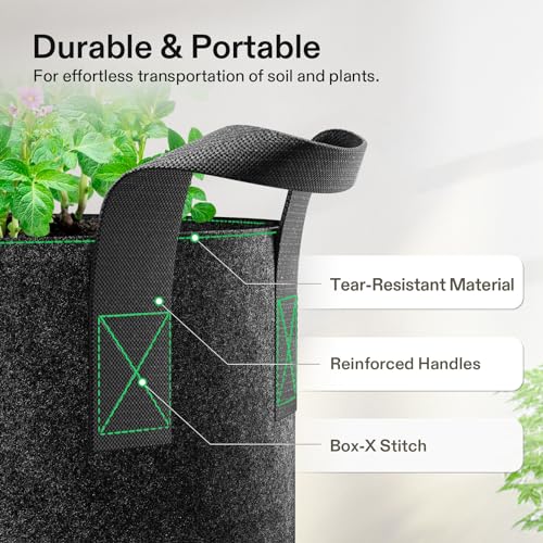 VIVOSUN 5-Pack 5 Gallon Grow Bags Heavy Duty 300G Thickened Nonwoven Plant Fabric Pots with Handles