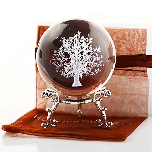 ZEERSHEE 60mm 3D Glass Laser Tree of Life Ball Figurine Life Tree Crystal Ball Decor for Home Glass Healing Ball with Stand Tree of Life Gifts for Women