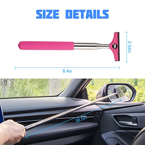 8sanlione Car Rearview Mirror Wiper, American Flag Telescopic Auto Mirror Squeegee Cleaner, Glass Mist Cleaning Tool with Retractable 98cm Handle, Portable Car Windows Water Removal (Pink/Car Logo)