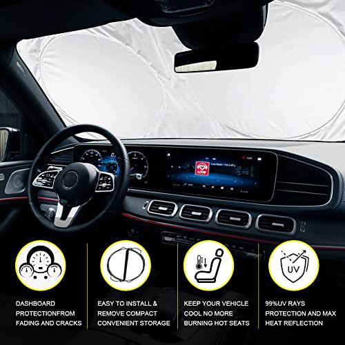 Car Windshield Sun Shade Foldable Car Sunshades for Front Window Polyester Sun Shield for Reflecting UV Rays and Sun Heat Protection