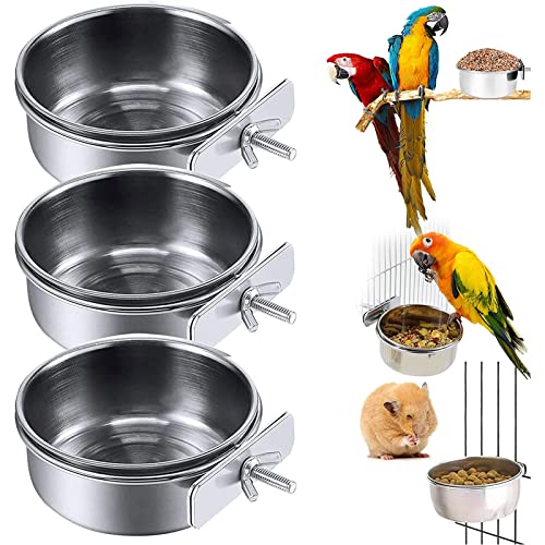 3 Pieces Stainless Steel Bird Feeding Dish Cups, Pet Cage Seed Feeder, Parrot Food Water Bowls with Clamp for Small Animal, Parrot Cockatiel Conure Budgies Parakeet Pet Cups Holder