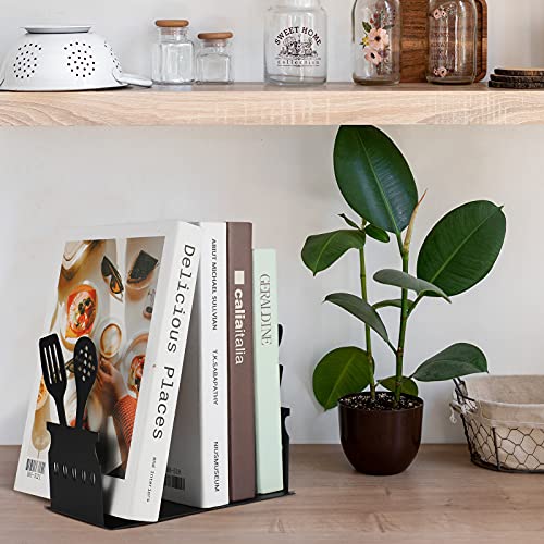 Black Kitchen Bookends 5.9 x 3.9 x 3.9 Inch Spoon Decorative Cookbook Metal Book Ends with Non-Slip Mat Metal Cookbook Storage Books Stoppers Metal Kitchen Cookbook Holder for Shelves Kitchen Book