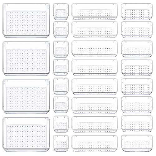 Jabykare 28 PCS Clear Drawer Organiser, Desk Organiser with Nonslip Pads - Nonslip Bathroom Makeup for Vanity Desk, Office, Home Storage & Organisation