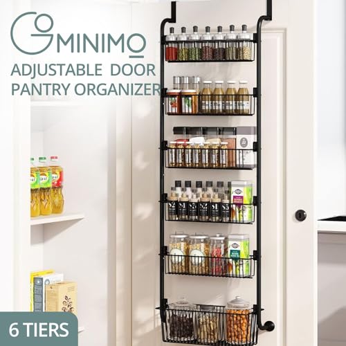 Gominimo Over the Door Pantry Organizer, 6-Tier Adjustable Baskets Pantry Organization and Storage, Metal Door Shelf with Detachable Frame, Space Saving Hanging Spice Rack for Kitchen Pantry Bathroom