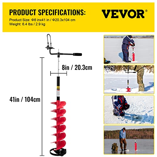 VEVOR Ice Drill Auger, 8'' Diameter Nylon Ice Auger, 41'' Length Ice Auger Bit, Auger Drill with 14'' Adjustable Extension Rod, Rubber Handle, Drill Adapter, Replaceable Auger Blade for Ice Fish