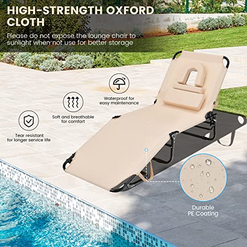 Costway Face Down Tanning Chair, Beach Lounge Chair with 5-Level Adjustable Backrest & 3 Removable Pillows, Folding Sunbathing Recliner with Face Hole, Reinforced Chaise Lounge Chair for Deck