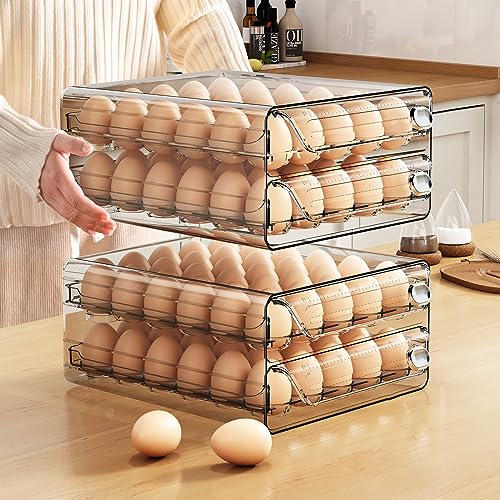ZHAIXIAONIAN Egg Holder for Refrigerator, 60 Egg Drawer Organizer with Time Scale, Stackable Egg Holder Egg Trays, Clear Egg Fresh Storage Box for Friage, Large Capacity Egg Container Organizer Bins