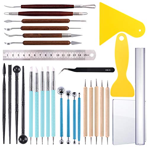 Glarks 30Pcs Carving Modeling Clay Sculpting Tool Set Including Ball Stylus, Dual-End Dotting Clay Tool, Pottery Sculpture Tool, Silicone Tip Pens, Scraper, Ruler, Acrylic Clay Roller, Acrylic Sheet