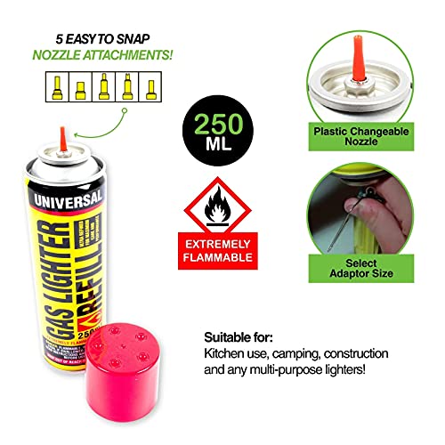 [3PCE] Home Master Gas Lighter Refill Butane, Quick And Easy To Re-Fill, Changeable Nozzle Attachments, Ideal For Gas Camp Stoves, Blow Torches And Lighters, Simple To Use For Blow Torches, Gas Camping Stoves Or Hand Held Lighters 250ml