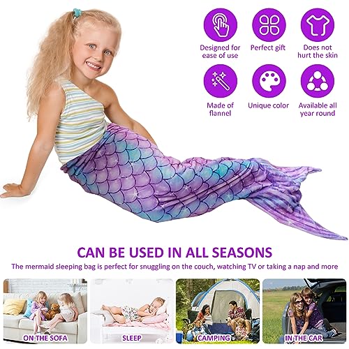 Mermaid Tail Blanket,Ultra-Soft Flannel Sleeping Blanket,Fish Scale Pattern Sleeping Bag Snuggle Blanket,Cute Mermaid Blanket for Kids Adults 50x145cm(Gradient Color)