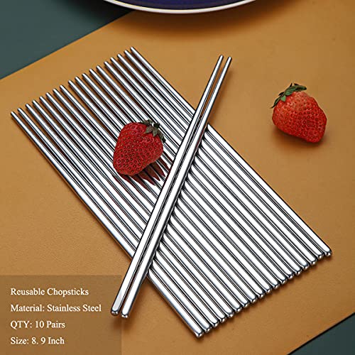 10 Pairs Reusable Chopsticks, Stainless Steel Metal Chop Sticks, Japanese Chinese Korean Chopstick Dishwasher Safe, 8.9 Inch (Silver / Chop sticks)