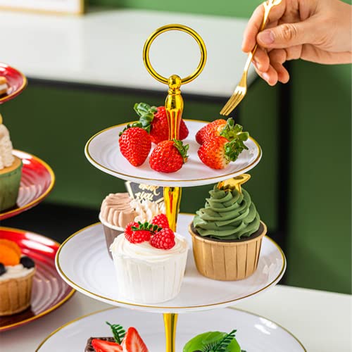 2 Pack 3 Tier Cupcake Stand, Exquisite Embossed Dessert Cake Stand with Gold Rim, Decorative Tea Party Serving Platter for Tea Party, Wedding and Birthday（White & Wine Red）