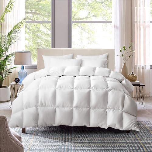 ZUNI Goose Feather Down Comforter King Single, 500GSM All Seasons Goose Quilt, 100% Cotton Cover, Lightweight Soft Cotton Cover Home Bedroom Bed Travel Hotel Bed Comforter, Machine Washable, White