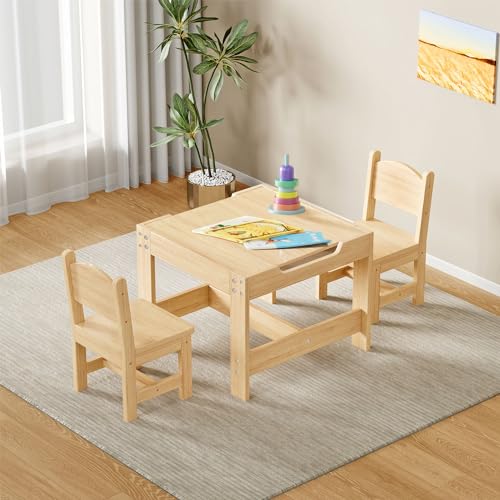 Solid Pine Wood Toddler Table and Chair Set, 60x60cm, Height 48cm, 2 Chairs - Multi-Use with Storage, 3 in 1 Wooden Activity Table with Storage Drawer for Toddlers Drawing for Playrooms and Nurseries