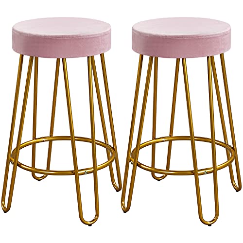 Yaheetech Round Kitchen Counter Stool Home Bar Height Stools with Golden Hairpin Legs Upholstered Velvet Seat for Kitchen/Dining Room Set of 2, Pink