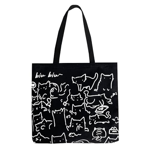 ZIYAHE Cat Canvas Tote Bag, Large Cute Tote Bag for Women with Zip, Cotton Reusable Shopping Bag with Pocket, Shopper Bag Cat Lovers Gift (Black), Black, L