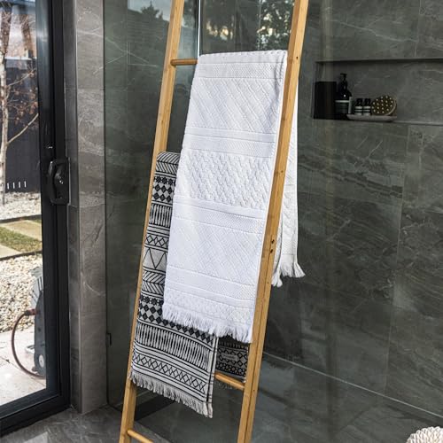 Clevinger 6-Tier Bamboo Freestanding Rack Towel Ladder Blanket Ladder, Farmhouse Blanket Holder,Wall Leaning Ladder Shelf, Decorative Quilt Stand for Living Room, Bathroom, Bedroom (6-Step Towel Rack)