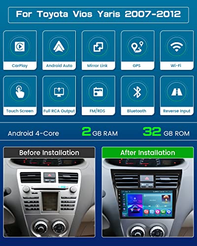 Roinvou 2+64G Android CarPlay Stereo for 2007-2012 Toyota Yaris Vios, Built-in Wireless CarPlay with Android Auto, 9'' Touchscreen in-Dash GPS Navigation Support Mirror Link BT FM RDS AHD