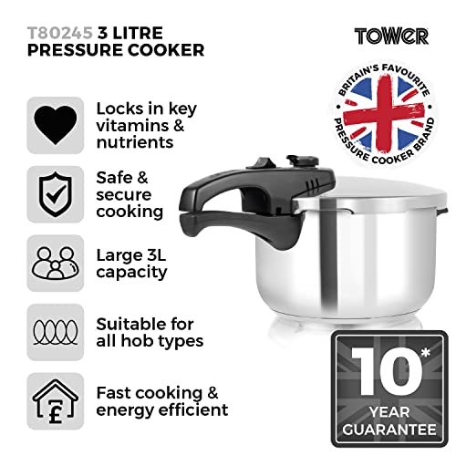 Tower T80245 Pressure Cooker with Steamer Basket, Stainless Steel, 3 Litre, 20 cm
