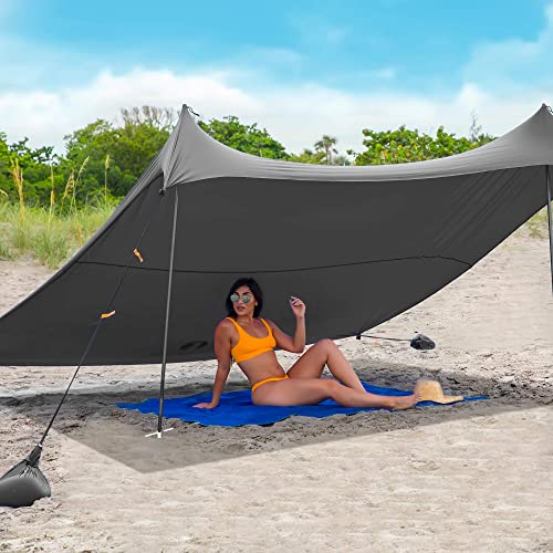 Red Suricata Family Beach Sunshade - Sun Shade Canopy | UPF50 UV Protection | Water Repellent Tent with 4 Aluminum Poles, 4 Pole Anchors, 4 Sandbag Anchors | Portable Shelter Tarp (Medium, Grey)