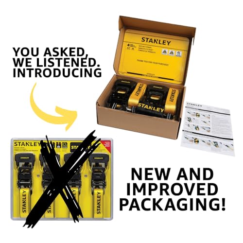 STANLEY S10074 1.5" x 16' Ratchet Tie Down Straps - Heavy Cargo Hauling (3,300 lbs Break Strength) 4 Pack