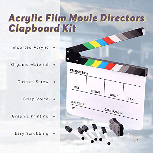 Swpeet 8Pcs 10"x12" Acrylic Film Movie Directors Clapboard Kit, Magnetic Blackboard Eraser, M3 Hex Wrench and 5Pcs Custom Pens Dry Erase Director Clapper Coating Board Slate for Director or Film Fans