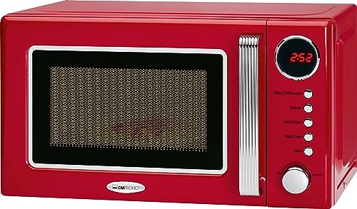 Clatronic MWG 790 2-in-1 Microwave Retro Design, 700 W Microwave Power, 1000 W Grill Power, 20 L Cooking Chamber, Timer Function, Child Lock Red