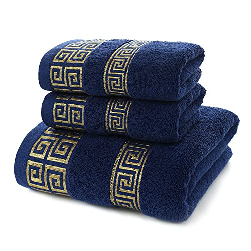 XHSP 100% Cotton Highly Absorbent Embroidered Towels 3-Piece Towel Set Hotel Bath Towel, 1 Bath Towels, 2 Hand Towels Extra Think Beach Bath Towels (Blue)