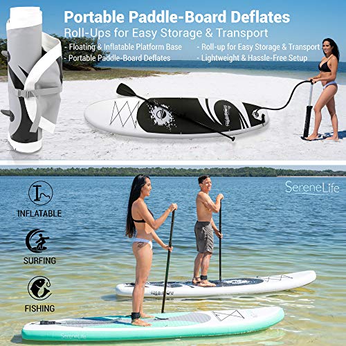 SereneLife Inflatable Stand Up Paddle Board - 10’ Ft. Standup Sup Paddle Board W/ Manual Air Pump, Safety Leash, Paddleboard Repair Kit, Storage / Carry Bag - Sup Paddle Board Inflatable - SLSUPB06