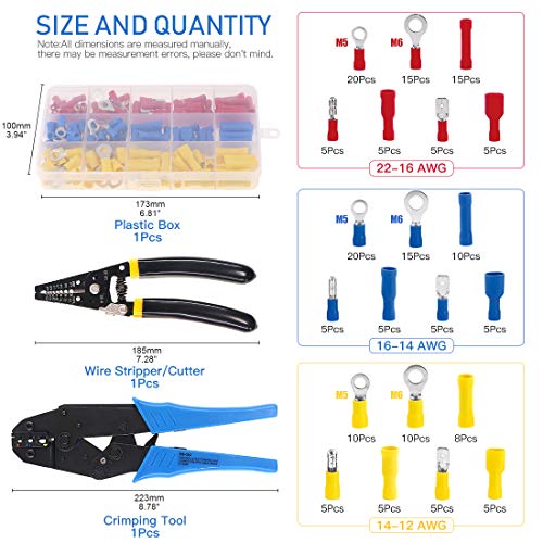 Glarks Professional Self-Adjustable Ratchet Wire Crimping Pliers AWG 22-10 and a Wire Stripper Tool Set with 183 Pieces Insulated Crimp Terminals Connectors Assortment Kit
