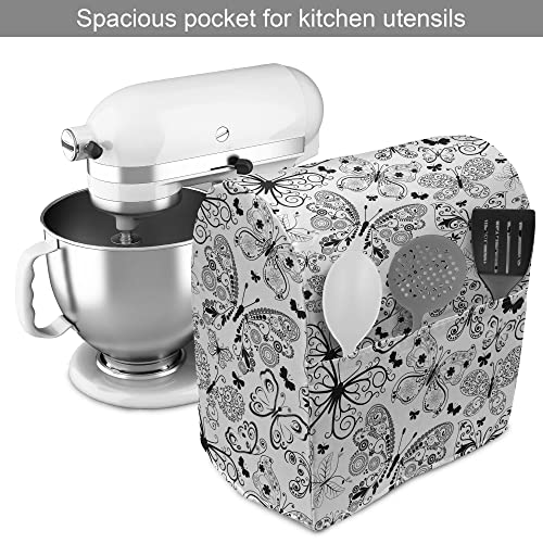 Ambesonne Tattoo Stand Mixer Cover, Monochrome Pattern with Floral Abstract Butterflies in Filigree Style Spiral Wings, Kitchen Appliance Organizer Bag Cover with a Pocket, 6-8 Quarts, Black and White