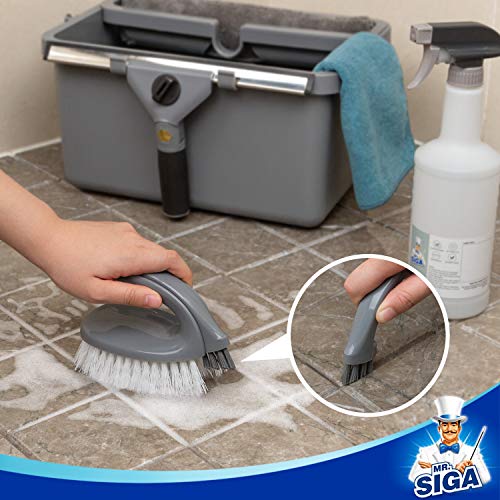 MR.SIGA 7-Piece Household Cleaning Supplies Set, Includes 1 Silicone Window Squeegee, 1 Microfiber Window Scrubber, 1 Scrub Brush, 1 Spray Bottle, 2 Microfiber Cloths, 1 Storage Caddy