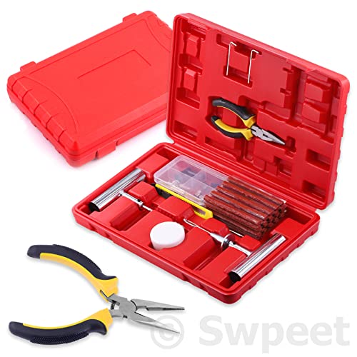 Swpeet 58Pcs Heavy Duty Tire Repair Tools Kit, Tire Repair Plug Kit Tire Patch Kits Puncture Repair Kit Fix Punctures and Plug Flats Patch Kit for Motorcycle, Car, ATV, Jeep, Truck, Tractor