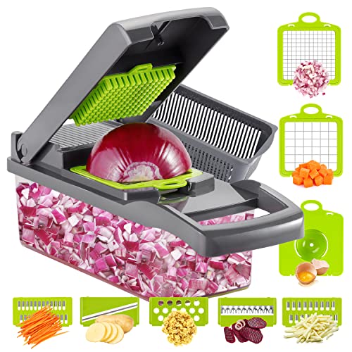 Ourokhome Vegetable Chopper Pro Dicer - 7 in 1 Manual Multifunction Kitchen Onion Cutter Slicer with Egg Separator and Filter Basket (Gray)