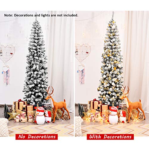 7.5FT Artificial Slim Christmas Tree, Snow Flocked Hinged Pine Xmas Tree, 641 PVC Tips, Sturdy Metal Base, Hinged Construction, Indoor and Outdoor Christmas Decoration, Easy Set Up