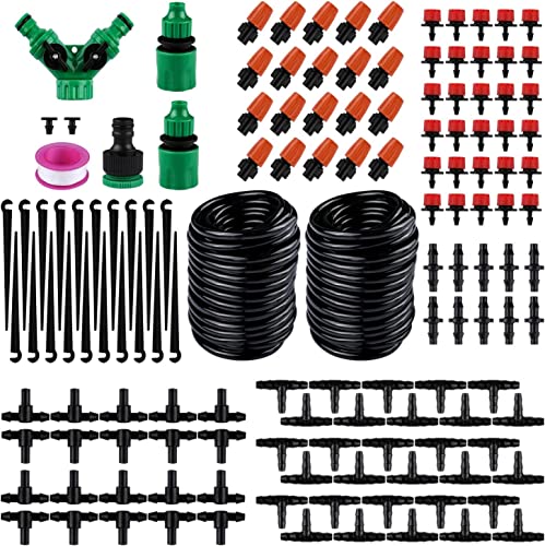 Ausale 100ft/30M Garden Irrigation Kit Mist Irrigation kit - DIY Plant Watering Drip Sprinkler System with 2-Way Hose Splitter, 1/4" Tubing Hose, for Greenhouse or Outdoor