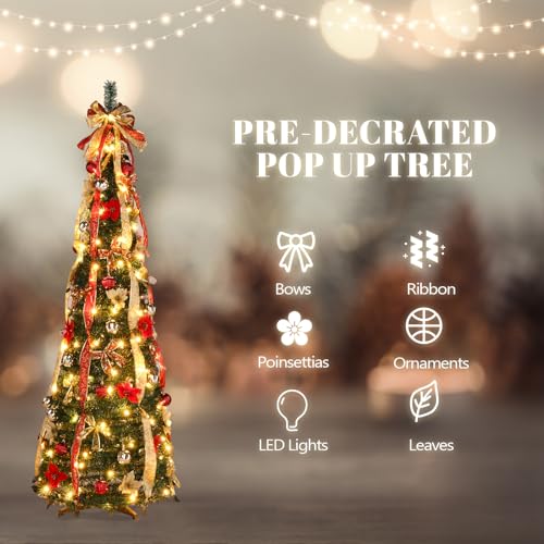 VINGLI 6ft Pre lit Pop Up Christmas Tree with Lights, Pre-Decorated Artificial Pencil Xmas Tree Collapsible Christmas Tree Holiday Party Decorations (Red&Gold)