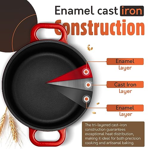 Krustic Enameled Cast Iron Dutch Oven for Sourdough Bread Baking | 6 Quart Pot with Lid | 10 Inch Ceramic Enamel Thick Coated Cookware Set with Non Stick Silicone Baking Mat for Cooking | 6 Qt | Red
