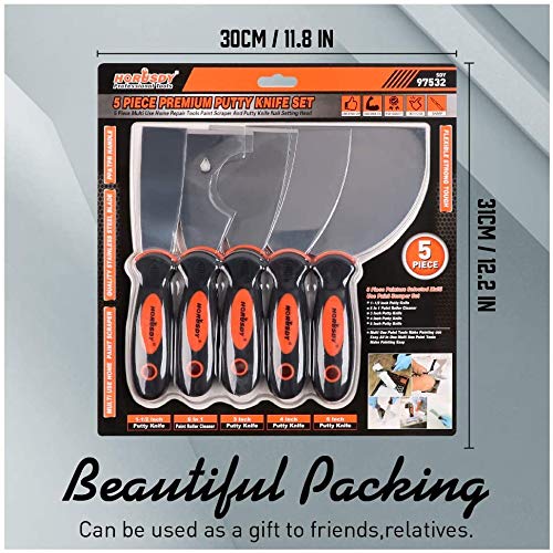 HORUSDY 5-Piece Putty Knife Set, Stainless Steel Scrapers, Heavy Duty Non-Slip Handle 1.5", 3", 4", 6"and 3" 6 in 1 Painters Tool. Perfect for Taping, Scraping Paint, Drywall Spackle