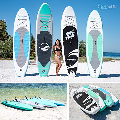 SereneLife Inflatable Stand Up Paddle Board - 10’ Ft. Standup Sup Paddle Board W/ Manual Air Pump, Safety Leash, Paddleboard Repair Kit, Storage / Carry Bag - Sup Paddle Board Inflatable - SLSUPB06