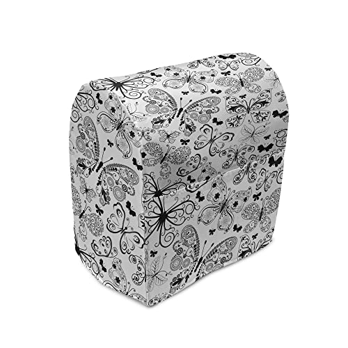 Ambesonne Tattoo Stand Mixer Cover, Monochrome Pattern with Floral Abstract Butterflies in Filigree Style Spiral Wings, Kitchen Appliance Organizer Bag Cover with a Pocket, 6-8 Quarts, Black and White