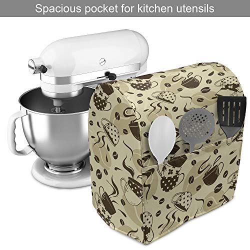 Ambesonne Modern Stand Mixer Cover, Contemporary Coffee Cups Polka Dots and Beans Roasted Graphic Design, Kitchen Appliance Organizer Bag Cover with Pockets, 6-8 Quarts, Cream and Brown