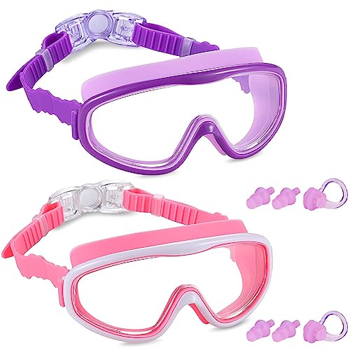 Fpxnb 2 Pack Kids Swim Goggles, Swimming Glasses for Children and Early Teens from 3 to 15 Years Old, Wide Vision, Anti-Fog, Waterproof