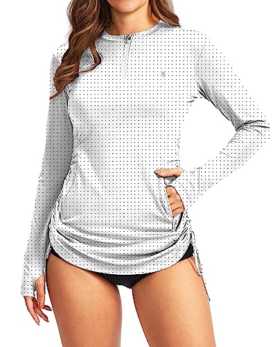 Soothfeel Women's Long Sleeve UV Sun Protection Rash Guard Shirts UPF 50+ Swim Shirt Swimsuits Top for Women with Zip Pockets, Black Dot, Medium