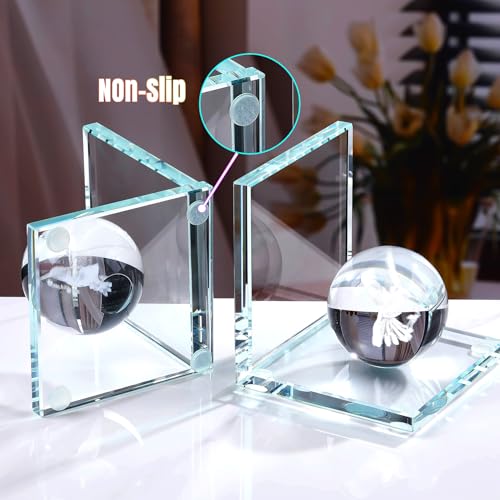 1 Pair 4'' Glass L-Shape Non-Slip Bookends with 2.36'' Crystal Ball Engraved 3D Hummingbird, Birthday Gifts for Women, Mom, Hummingbird Lover, Decoration Book Ends for Shelves Office Desk Home Decor