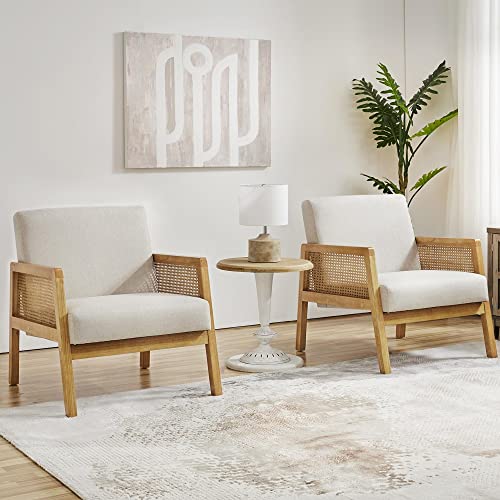 Yaheetech Accent Chair, Armchair with Rattan Armrest and Wood Legs, Mid Century Modern Living Room Chair Linen Comfy Lounge Chair for Bedroom Hosting Room Reading Room, Set of 2, Beige