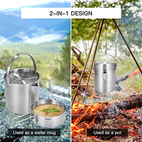 Lixada Camping Cooking Kettle 1L Stainless Steel Pot with Foldable Handle and Dual Use Cover Portable for Hiking Backpacking Picnic